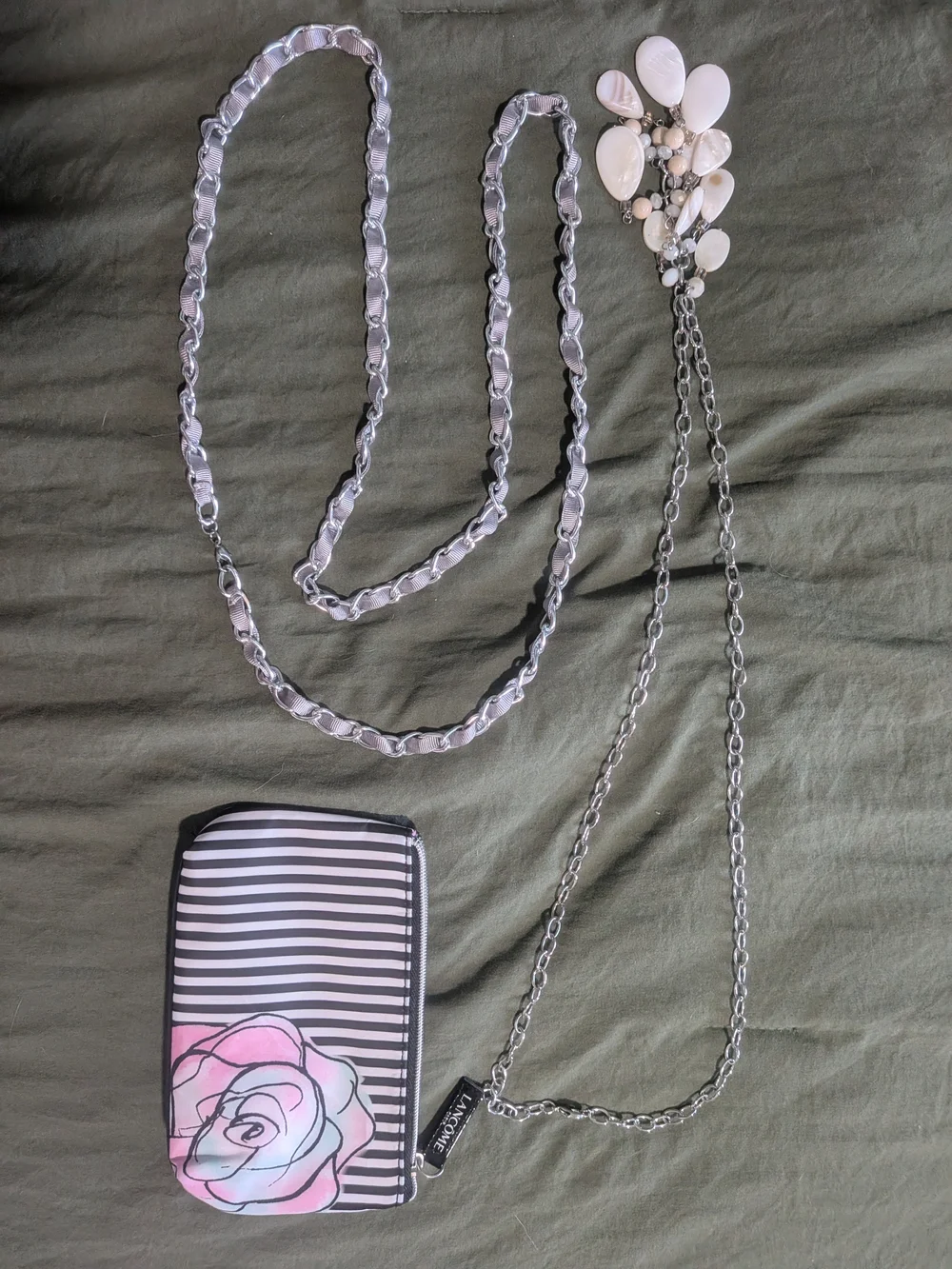 Lancome Striped Makeup Bag with Flowers With Long Chain Necklace Bundles